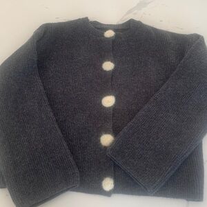 Grey crew neck knit cardigan with rabbit’s fur buttons - superb quality